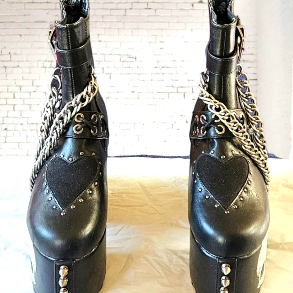 Dolls Kill x Lamoda Platform Skull Chain Spike Ankle Boots Vegan Leather Goth